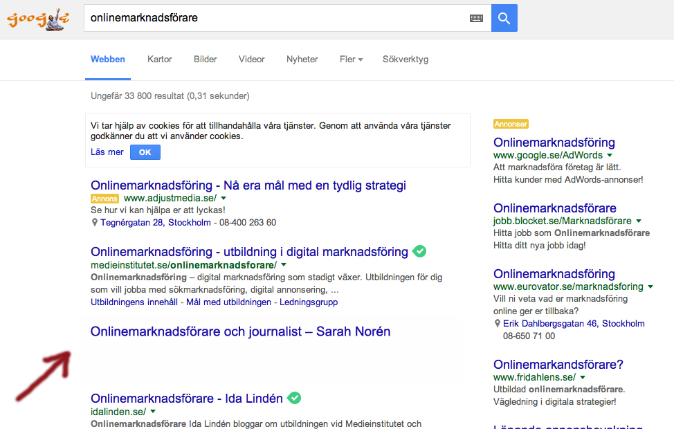 Google-sökresultat på ordet "onlienmarknadsförare"
